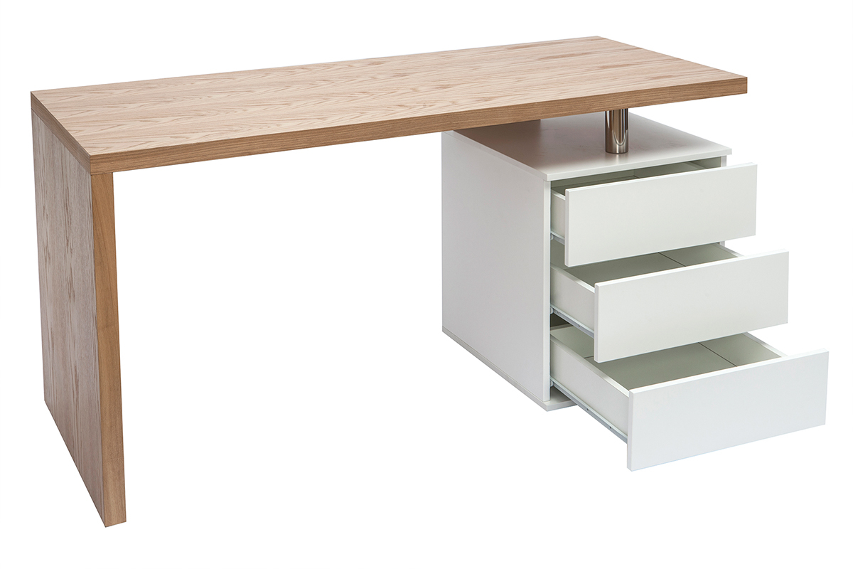 Bureau avec rangements 3 tiroirs design bois clair chne et blanc L140 cm CALIX