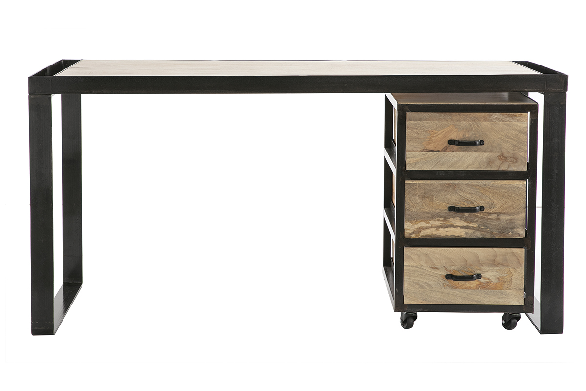 Bureau avec rangements 3 tiroirs industriel bois manguier massif et mtal noir L156 cm INDUSTRIA