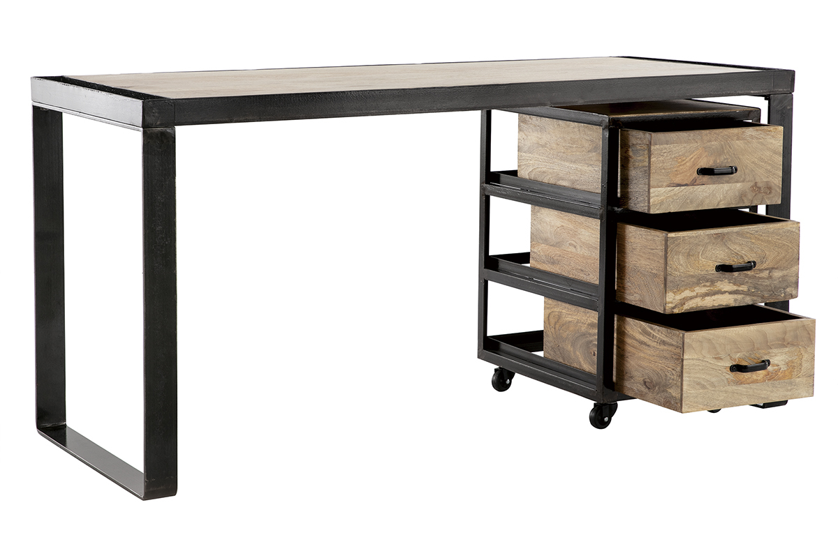 Bureau avec rangements 3 tiroirs industriel bois manguier massif et mtal noir L156 cm INDUSTRIA