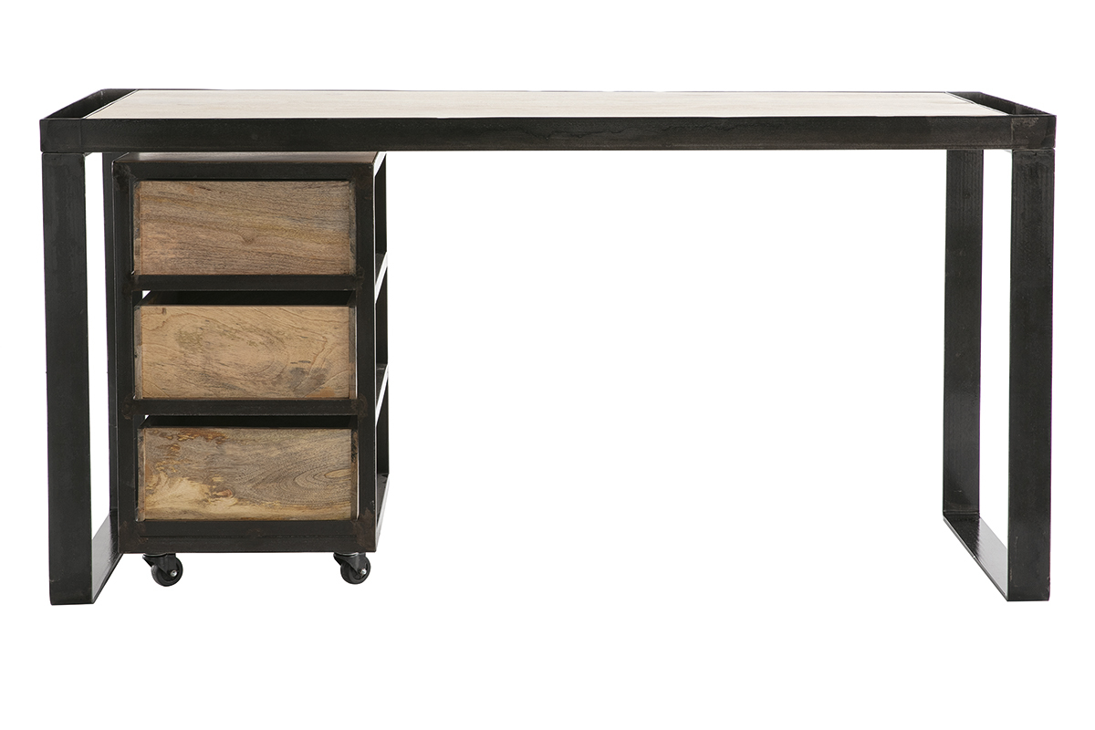 Bureau avec rangements 3 tiroirs industriel bois manguier massif et mtal noir L156 cm INDUSTRIA