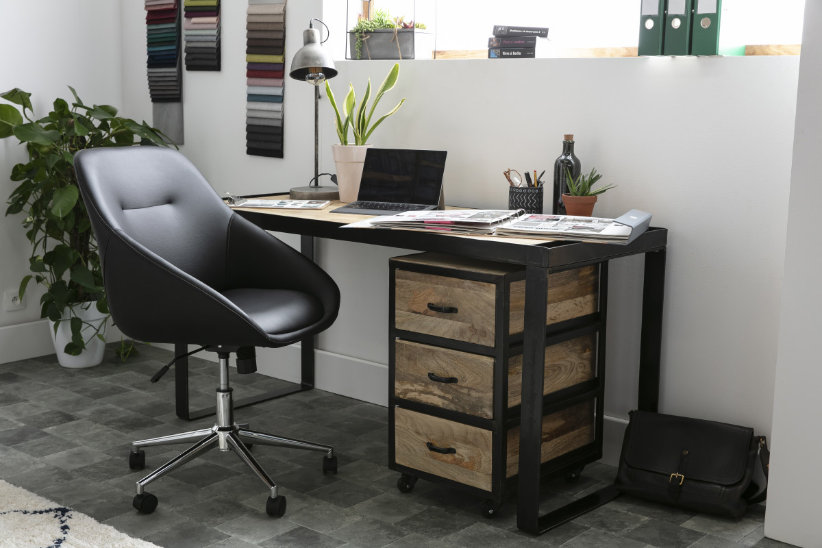 Bureau avec rangements 3 tiroirs industriel bois manguier massif et mtal noir L156 cm INDUSTRIA