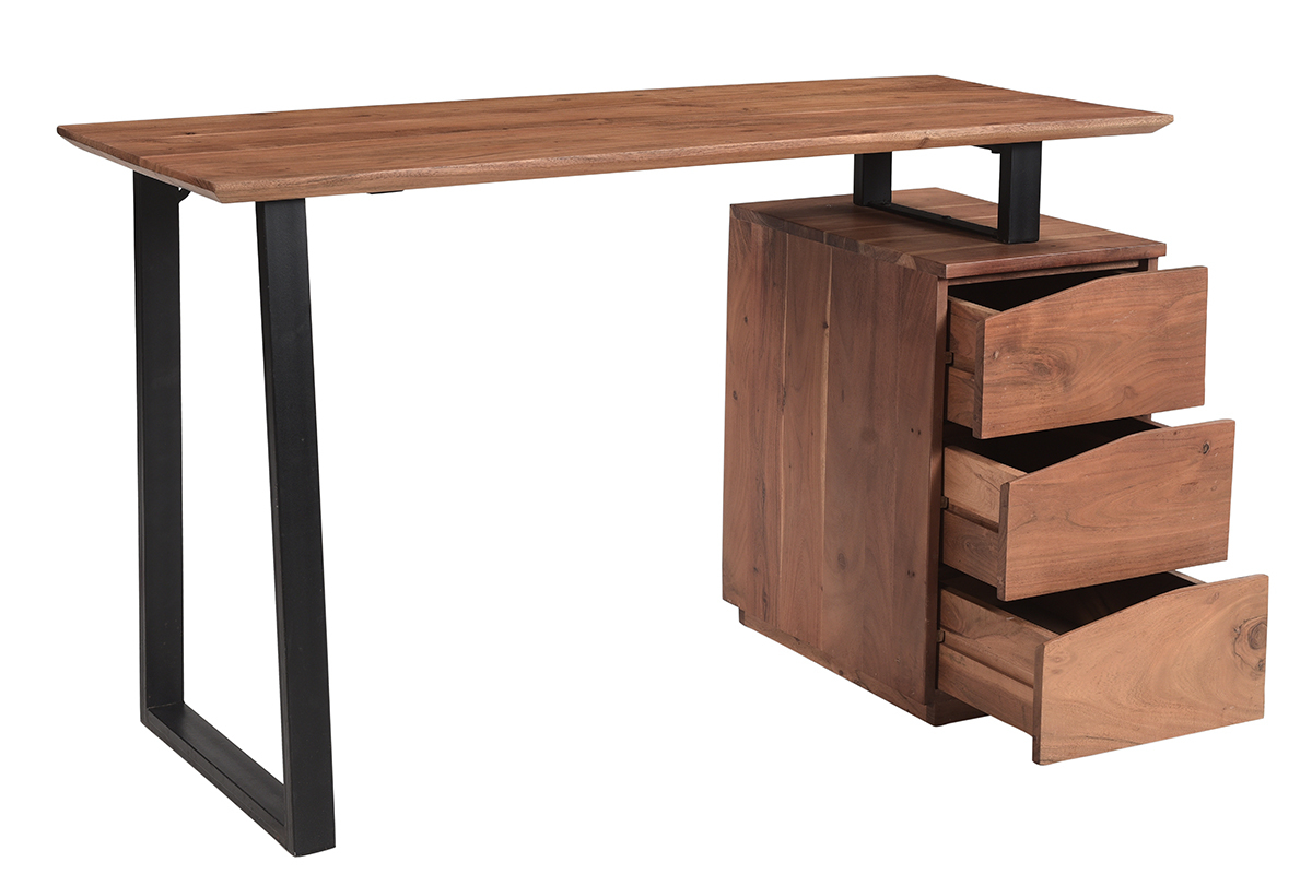 Bureau avec rangements 3 tiroirs industriel bois massif et mtal noir L130 cm HORACE