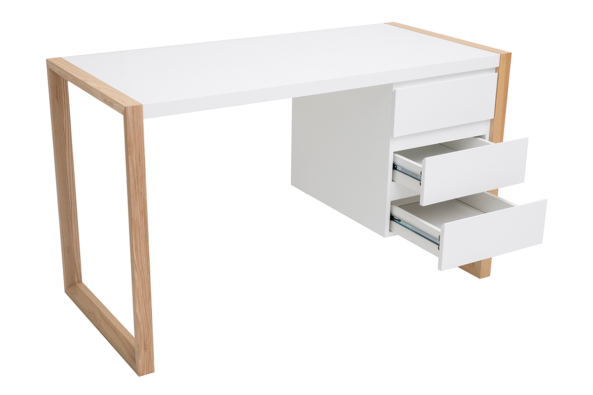 Bureau avec rangements 3 tiroirs scandinave blanc mat et bois clair frne massif L130 cm ARMEL