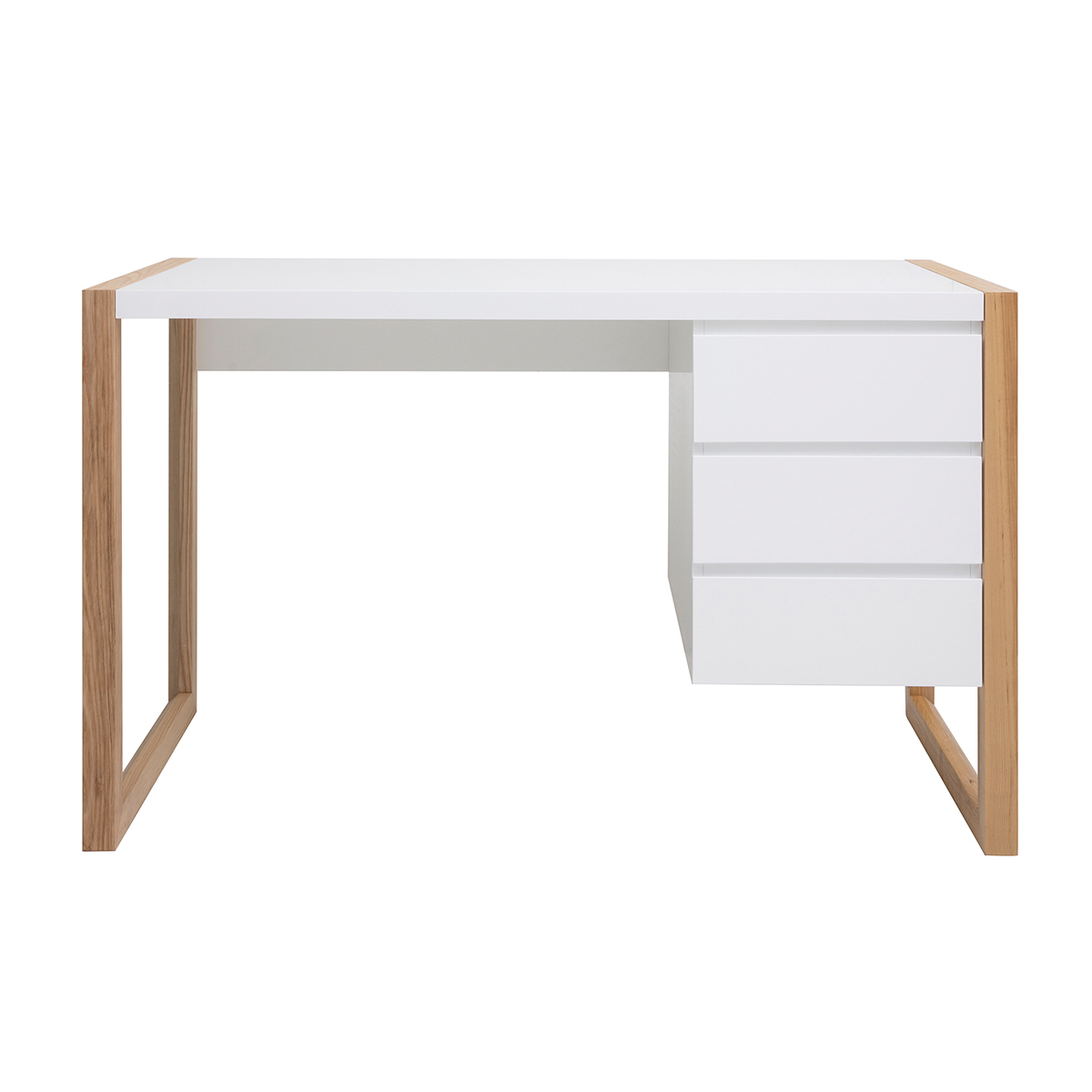 Bureau avec rangements 3 tiroirs scandinave blanc mat et bois clair frêne massif L130 cm ARMEL