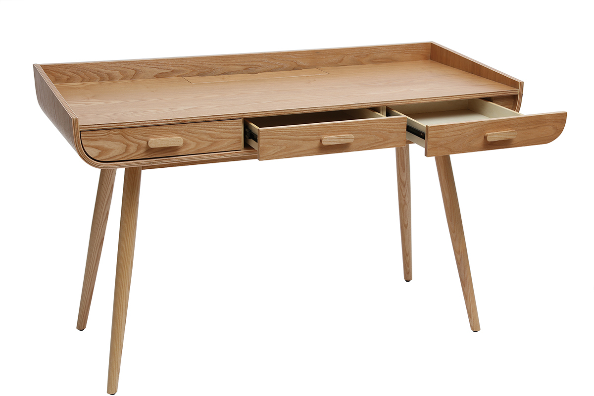 Bureau avec rangements 3 tiroirs scandinave bois clair L132 cm HALLEN