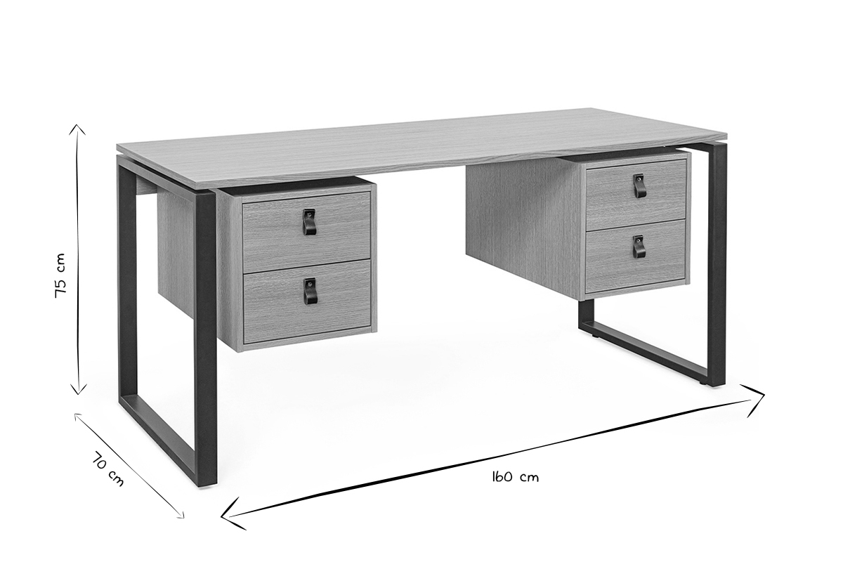 Bureau avec rangements 4 tiroirs industriel bois clair chne et mtal noir L160 cm OPAL