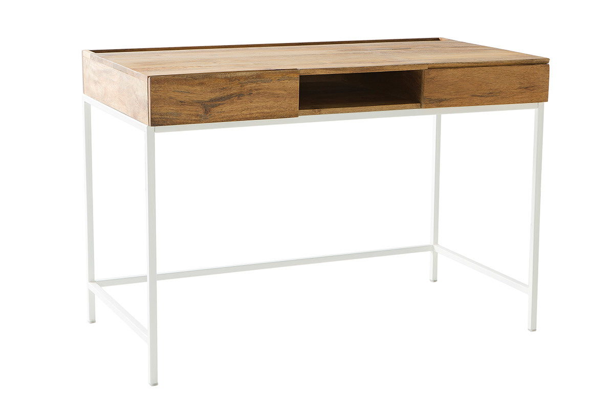 Bureau avec rangements bois clair manguier massif et mtal blanc L118 cm BOHO