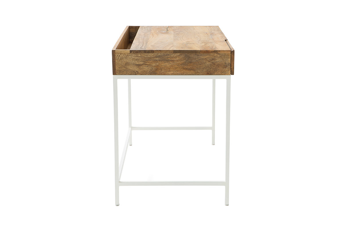 Bureau avec rangements bois clair manguier massif et mtal blanc L118 cm BOHO