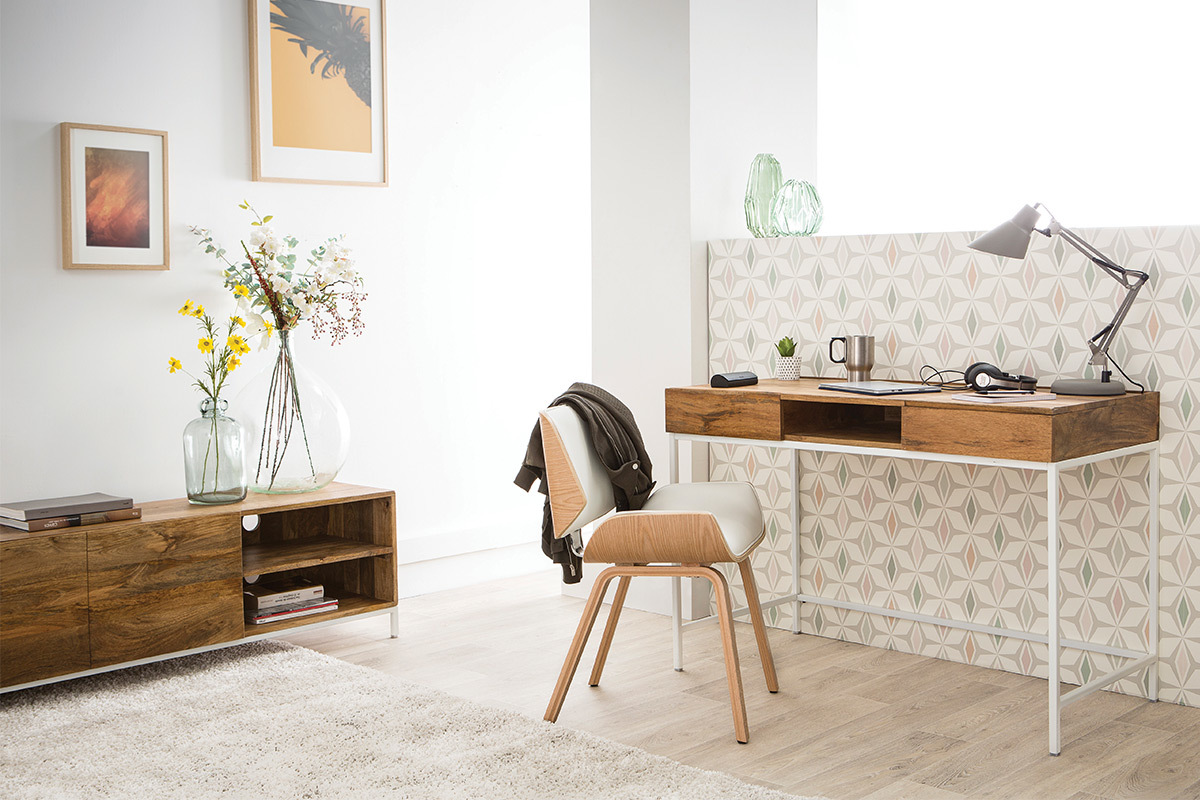 Bureau avec rangements bois clair manguier massif et mtal blanc L118 cm BOHO