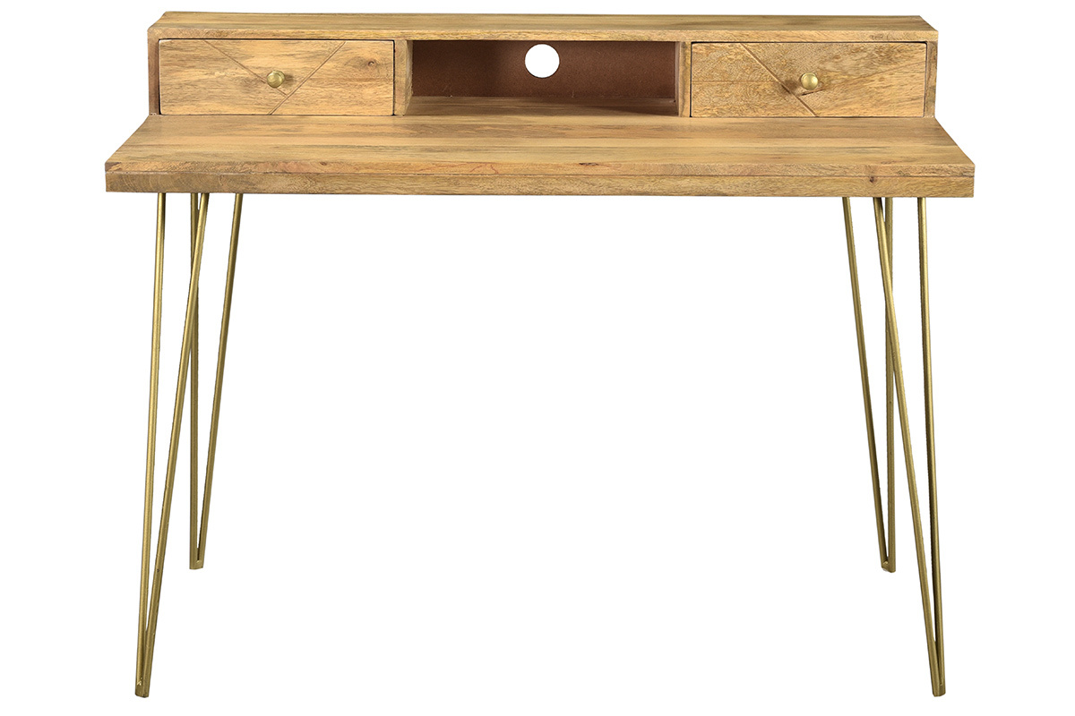 Bureau avec rangements bois manguier massif grav et mtal dor L115 cm LINIUM