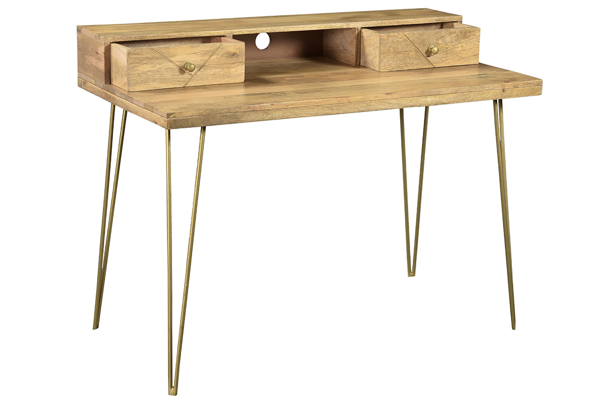 Bureau avec rangements bois manguier massif grav et mtal dor L115 cm LINIUM