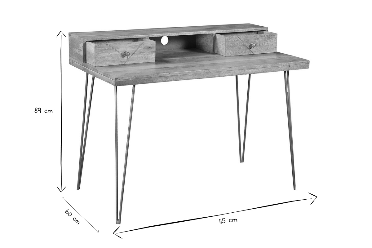 Bureau avec rangements bois manguier massif grav et mtal dor L115 cm LINIUM