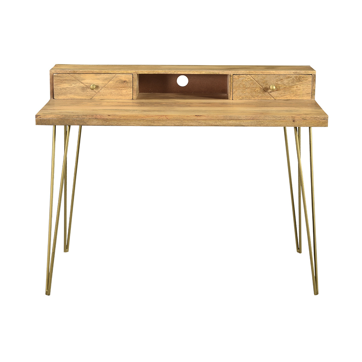 Bureau avec rangements bois manguier massif gravé et métal doré L115 cm LINIUM