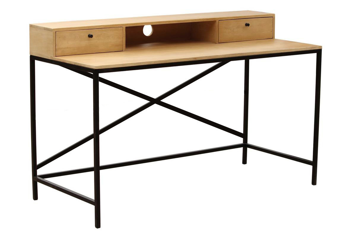 Bureau avec rangements industriel bois clair manguier massif et mtal noir L140 cm OPIUM