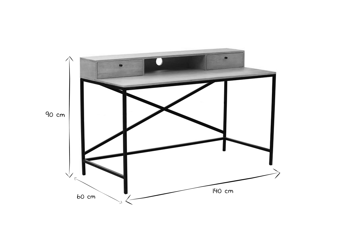 Bureau avec rangements industriel bois clair manguier massif et mtal noir L140 cm OPIUM