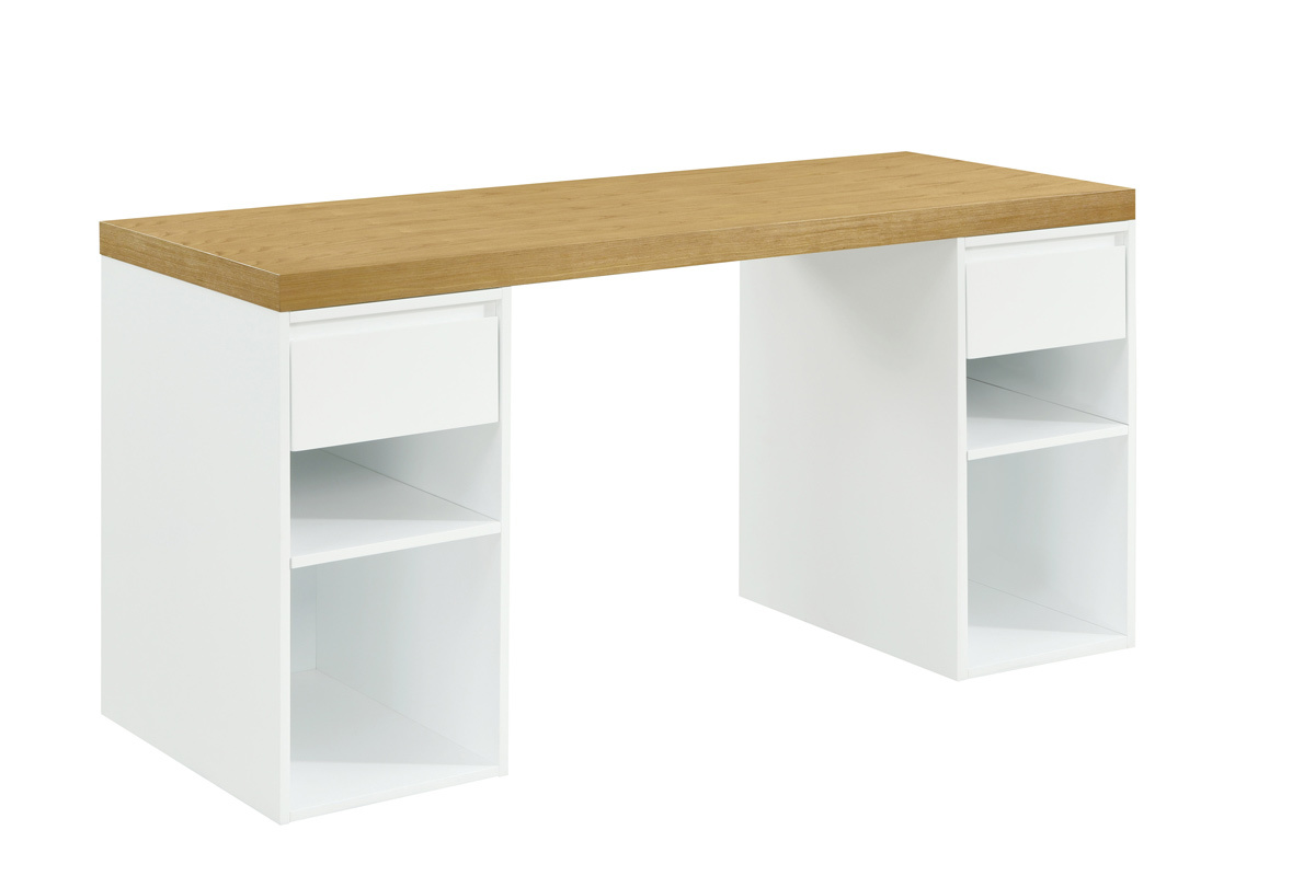 Bureau avec rangements scandinave blanc et bois clair L150 cm RACKEL