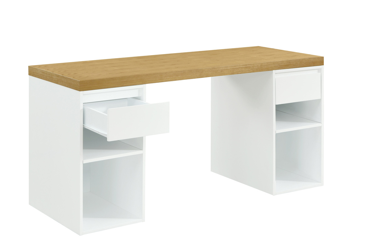 Bureau avec rangements scandinave blanc et bois clair L150 cm RACKEL