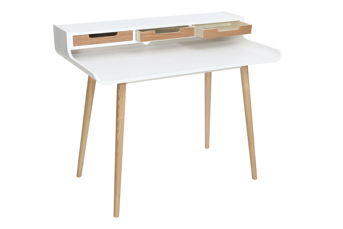 Bureau avec rangements scandinave bois clair et blanc L110 cm OPUS