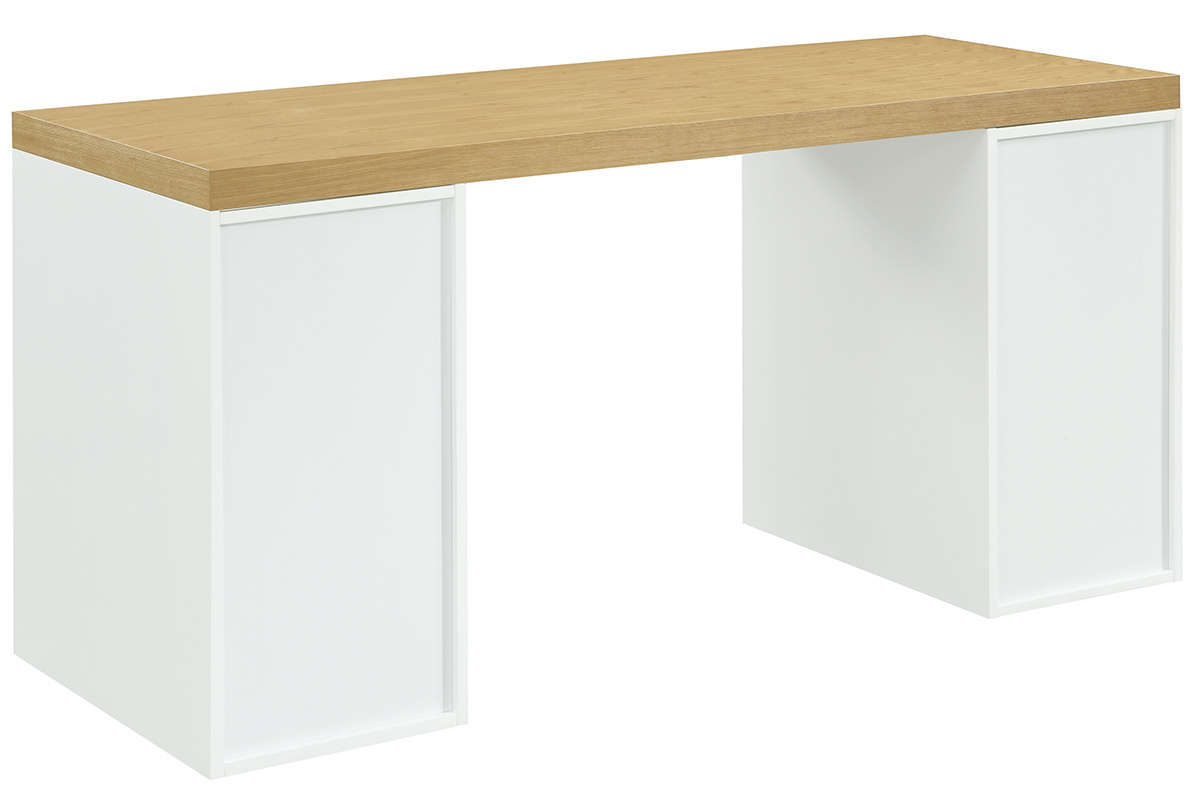 Bureau avec rangements scandinave bois clair et blanc L150 cm RACKEL