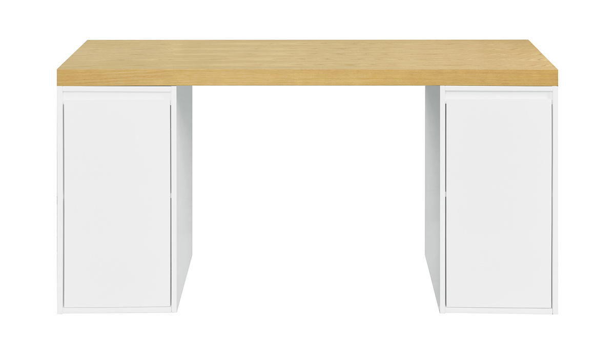 Bureau avec rangements scandinave bois clair et blanc L150 cm RACKEL