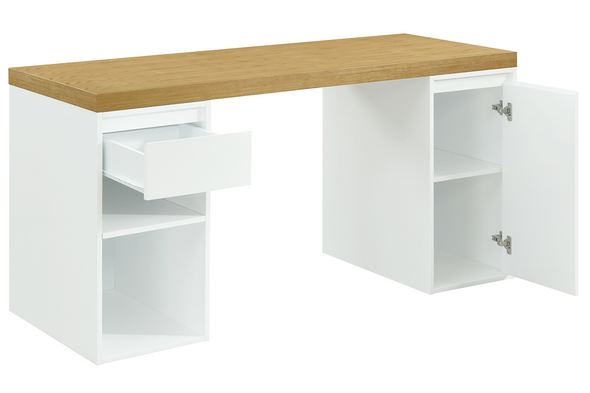 Bureau avec rangements scandinave bois clair et blanc L150 cm RACKEL