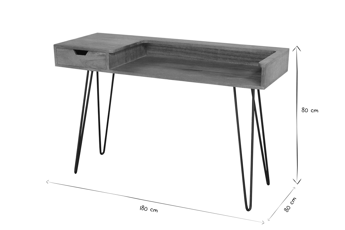 Bureau avec tiroir bois manguier massif et mtal noir L116 cm VIBES