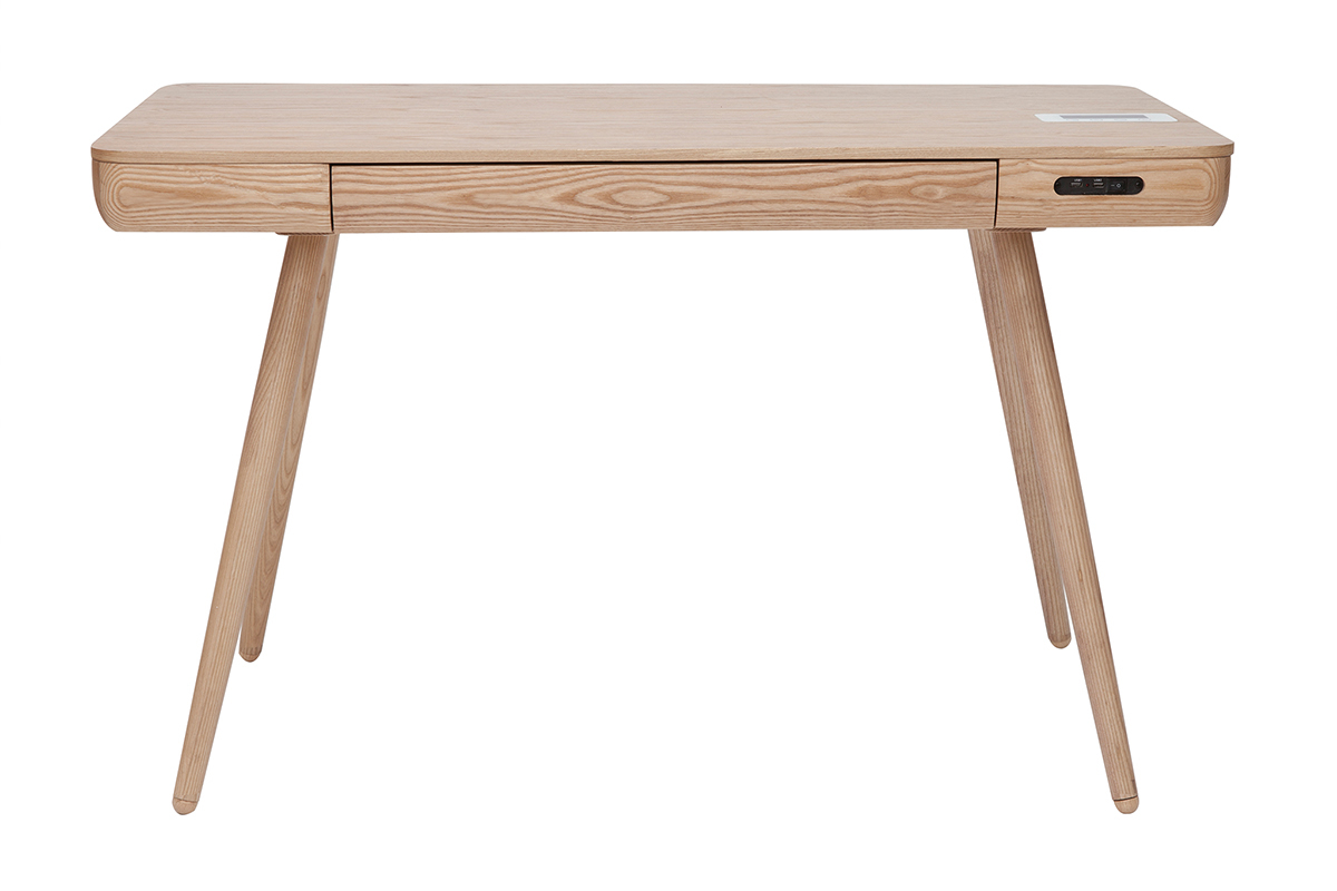 Bureau connect multimdia  avec tiroir bois clair massif L120 cm CLEVER