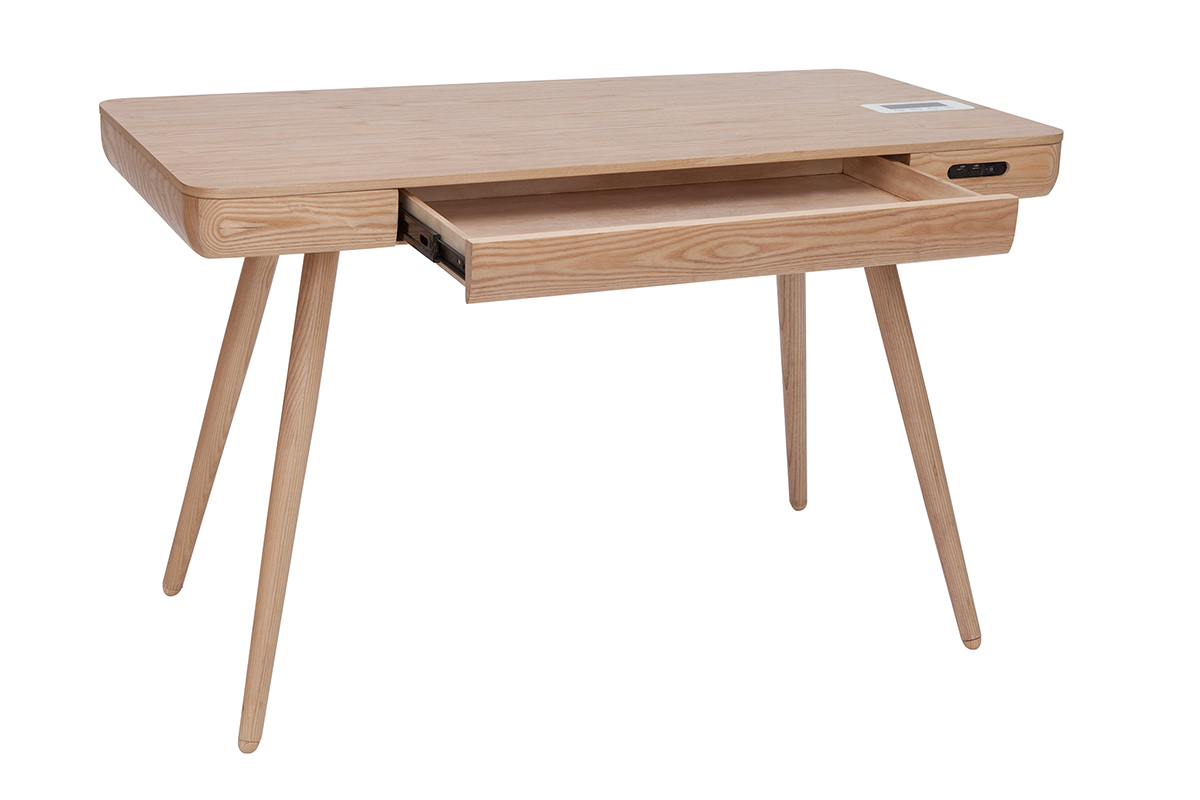 Bureau connect multimdia  avec tiroir bois clair massif L120 cm CLEVER