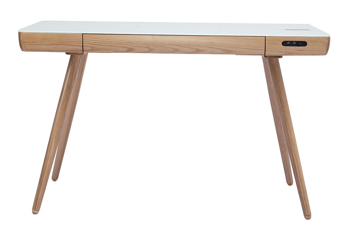 Bureau connect multimdia avec tiroir en verre et bois clair L120 cm CLEVER