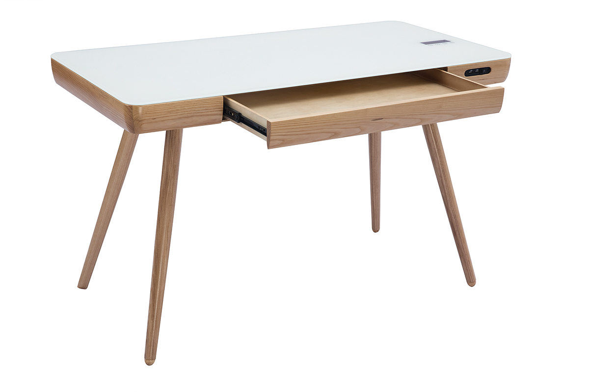 Bureau connect multimdia avec tiroir en verre et bois clair L120 cm CLEVER