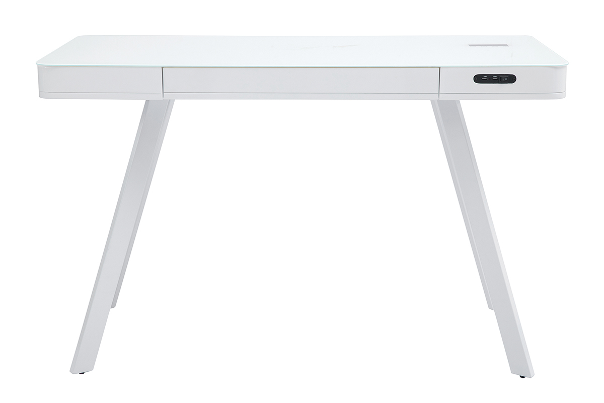 Bureau connect multimdia avec tiroir en verre et mtal blanc L120 cm CLEVER