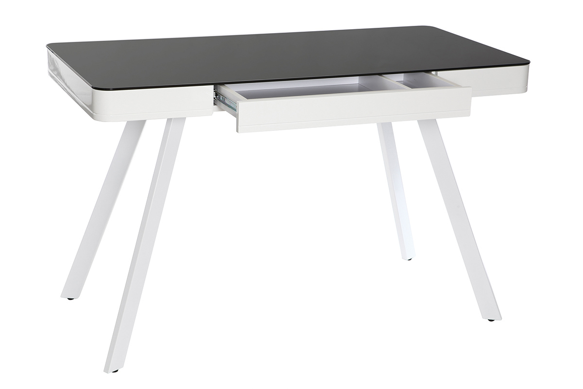 Bureau connect multimdia en verre noir et mtal blanc CLEVER