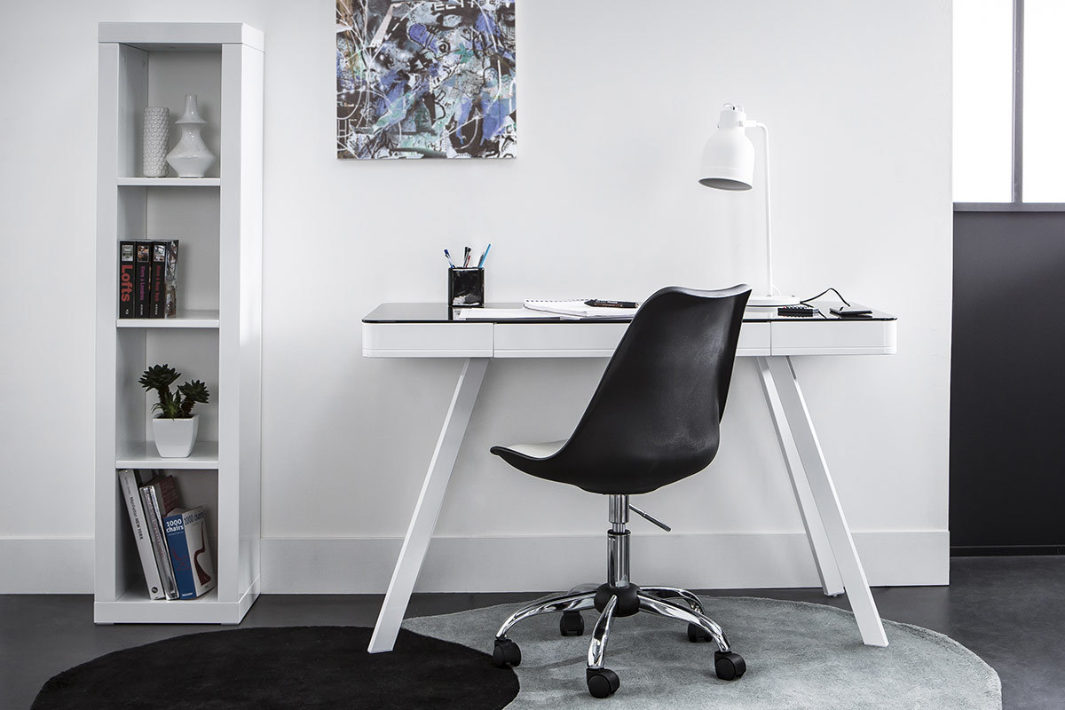 Bureau connect multimdia en verre noir et mtal blanc CLEVER