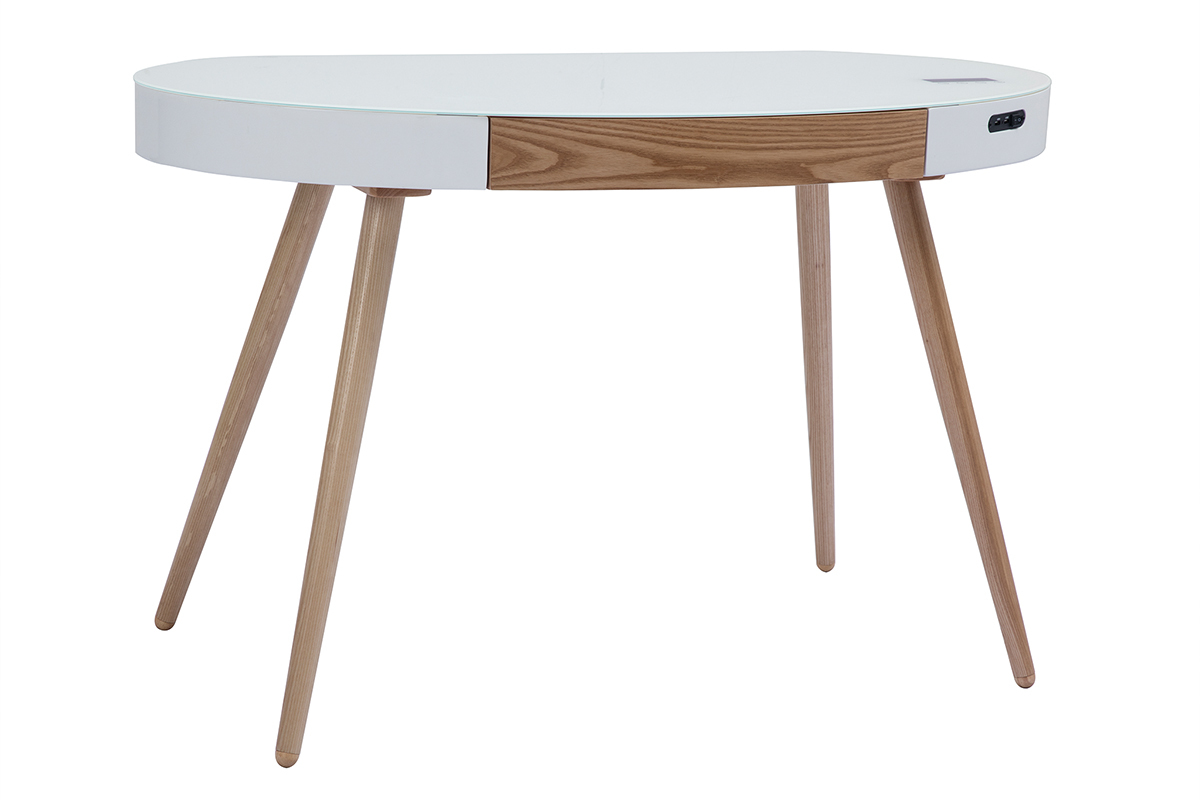 Bureau connect multimdia verre blanc et bois clair L120 cm HANDY