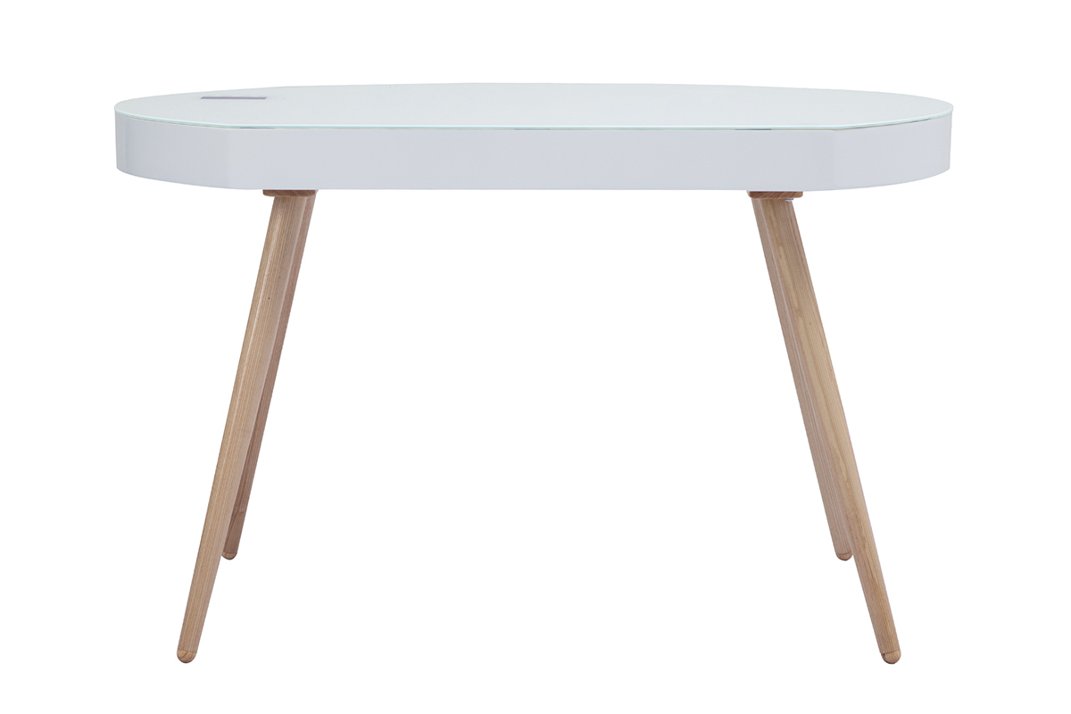 Bureau connect multimdia verre blanc et bois clair L120 cm HANDY