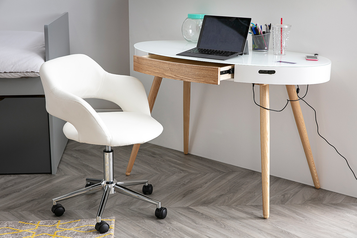 Bureau connect multimdia verre blanc et bois clair L120 cm HANDY