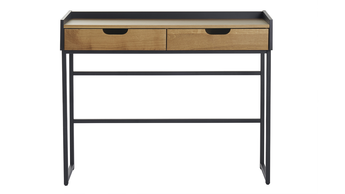Bureau console avec rangements 2 tiroirs bois chêne clair et métal