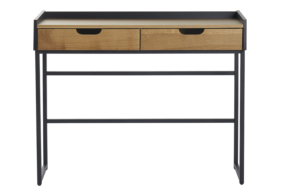 Bureau console avec rangements 2 tiroirs bois chne clair et mtal noir L100 cm RIZZ