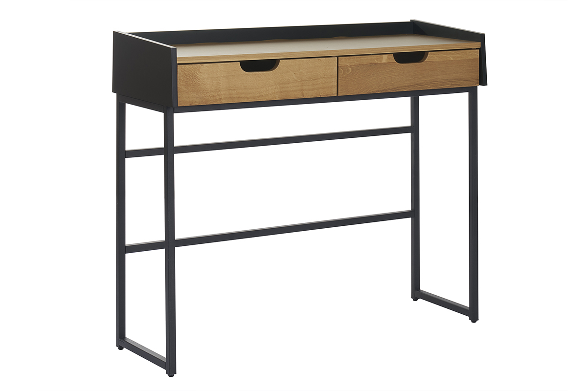 Bureau console avec rangements 2 tiroirs bois chne clair et mtal noir L100 cm RIZZ