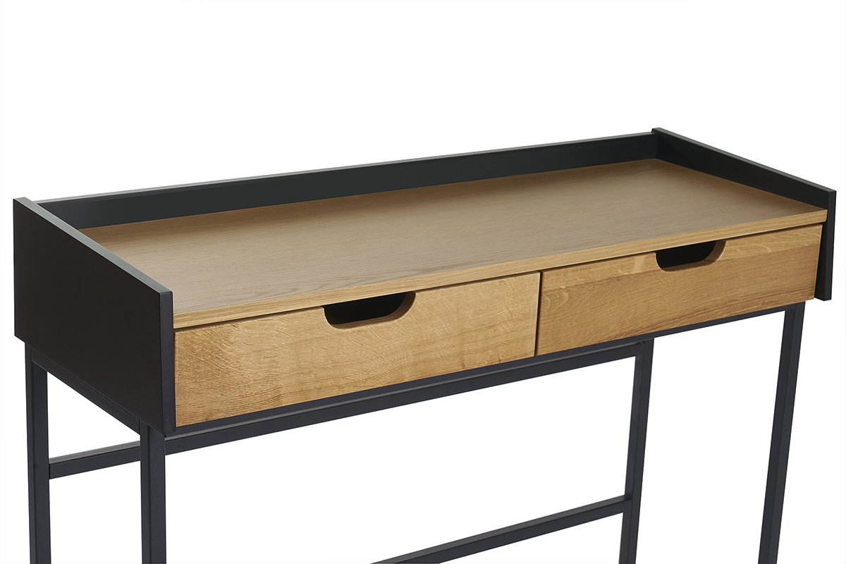 Bureau console avec rangements 2 tiroirs bois chne clair et mtal noir L100 cm RIZZ