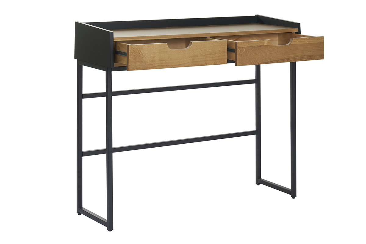 Bureau console avec rangements 2 tiroirs bois chne clair et mtal noir L100 cm RIZZ