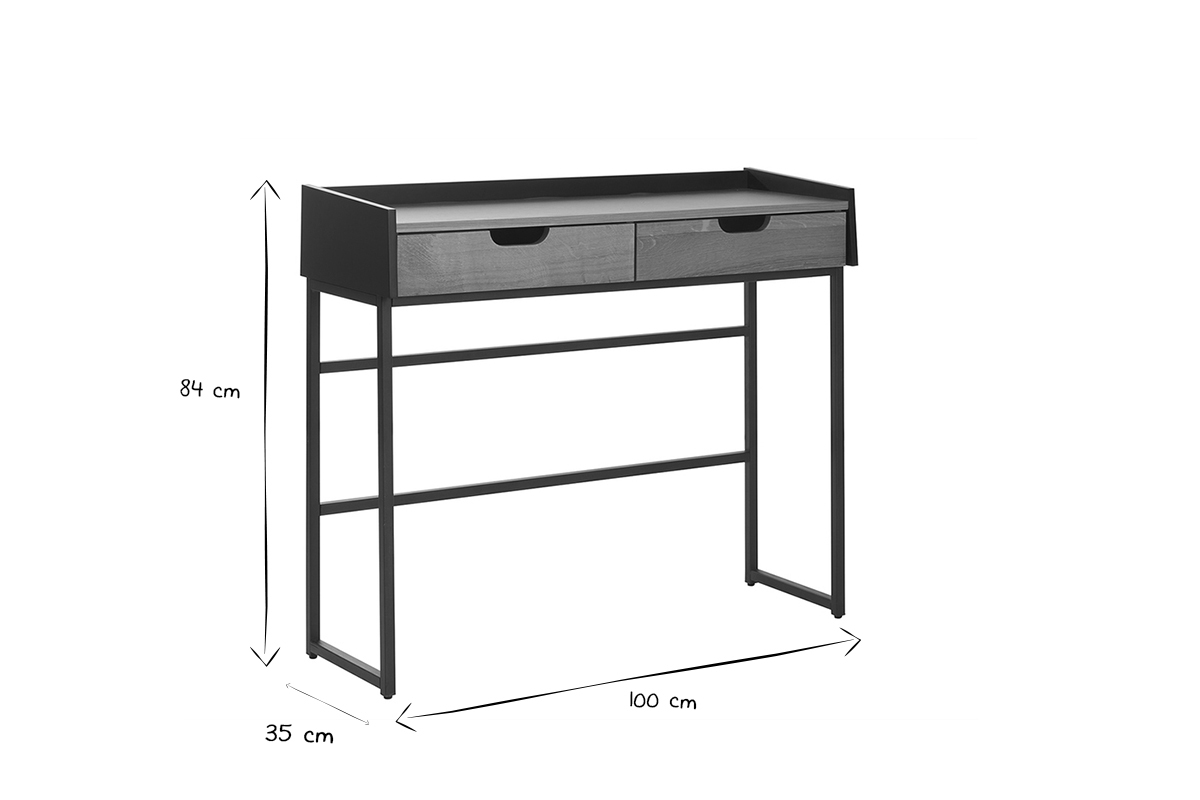 Bureau console avec rangements 2 tiroirs bois chne clair et mtal noir L100 cm RIZZ