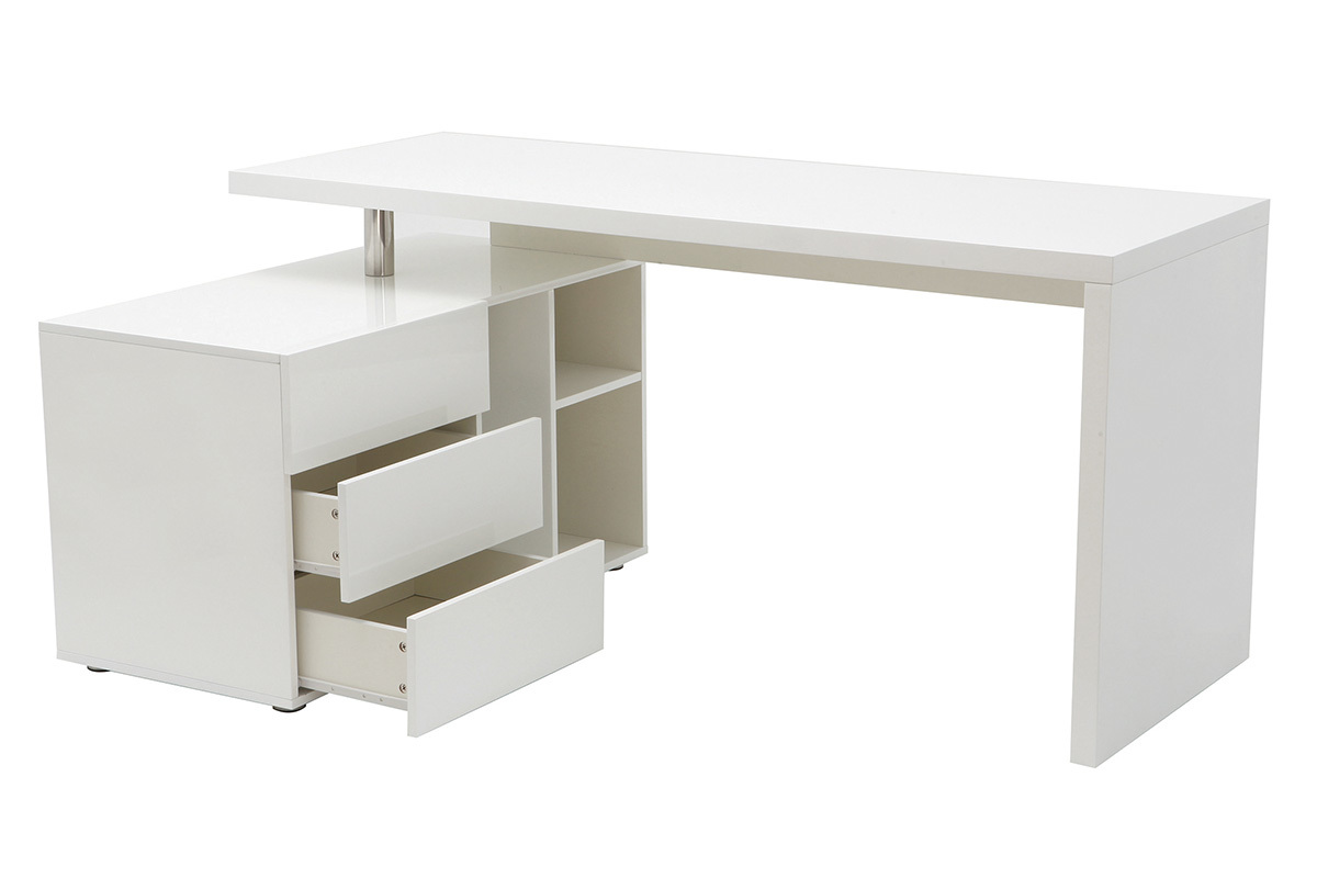 Bureau d'angle gauche avec rangements 3 tiroirs blanc laqu L160 cm MAXI