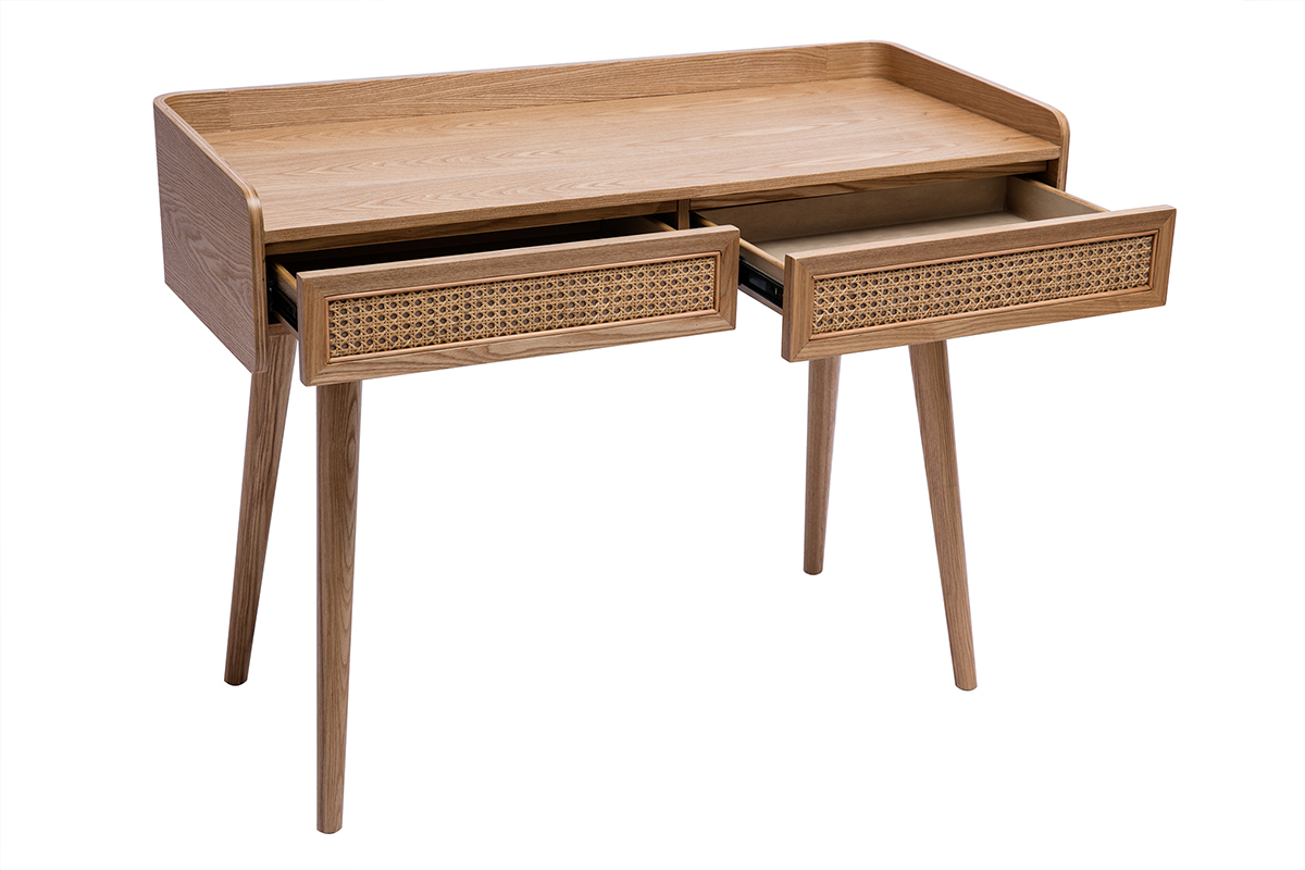 Bureau design avec rangements 2 tiroirs bois clair et cannage rotin L105 cm ELSY