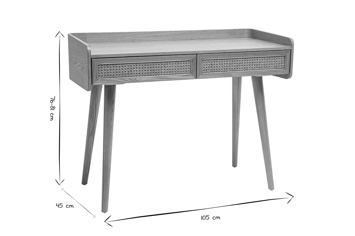 Bureau design avec rangements 2 tiroirs bois clair et cannage rotin L105 cm ELSY