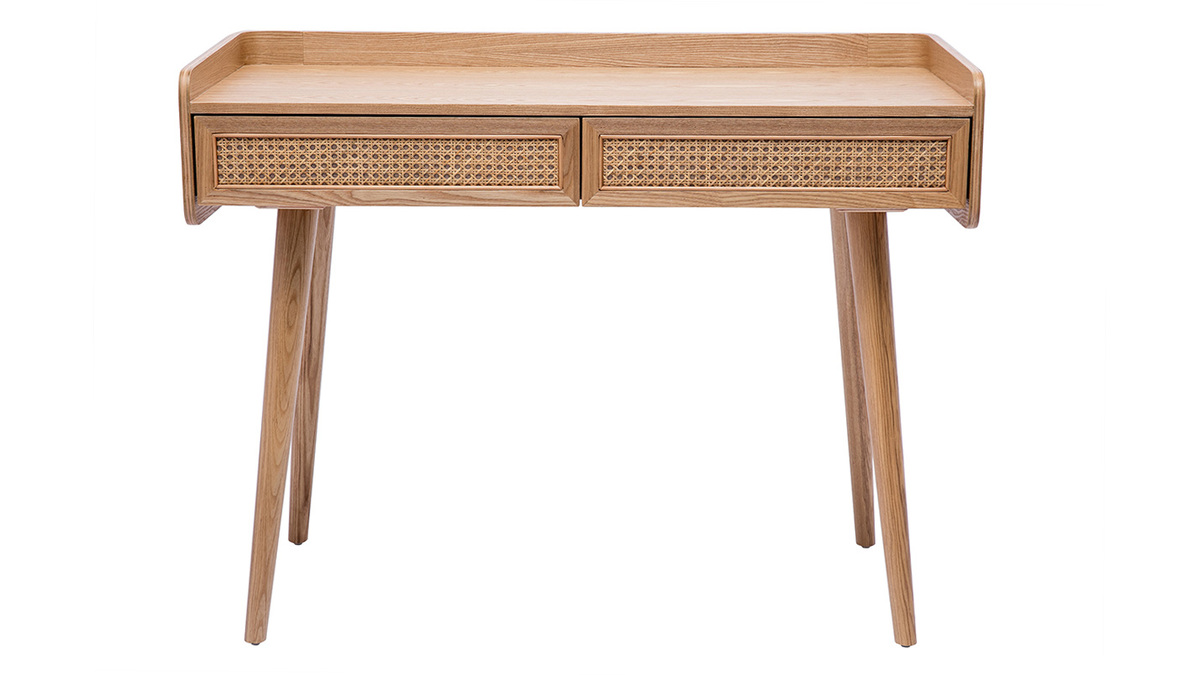 Bureau design avec rangements 2 tiroirs bois clair et cannage rotin L105 cm ELSY