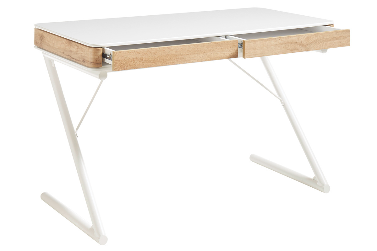 Bureau design avec tiroirs blanc mat et bois L120 cm POES