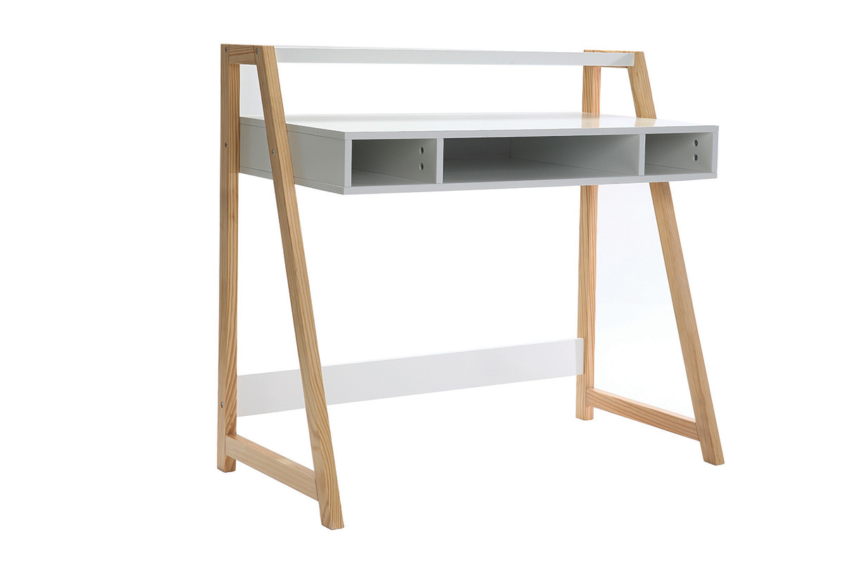 Bureau design laqu blanc mat et bois STOKA