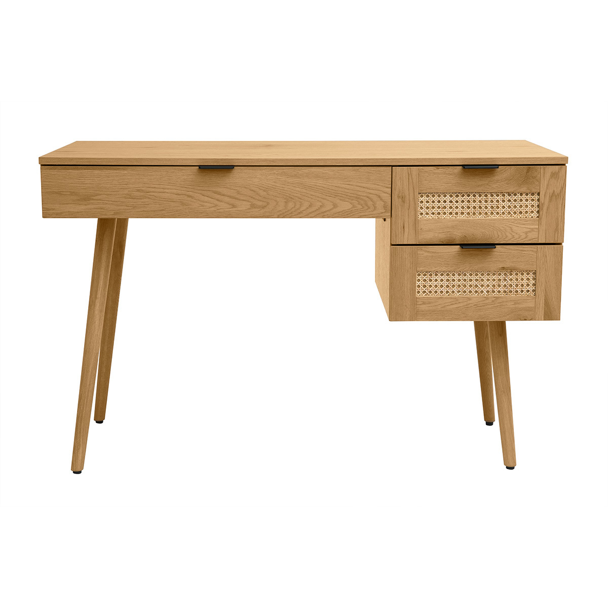 Bureau finition bois clair, cannage rotin et métal noir 3 tiroirs L120 cm MANILLE