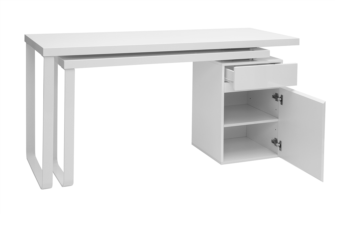 Bureau modulable avec rangements design blanc brillant L150-230 cm VOXY